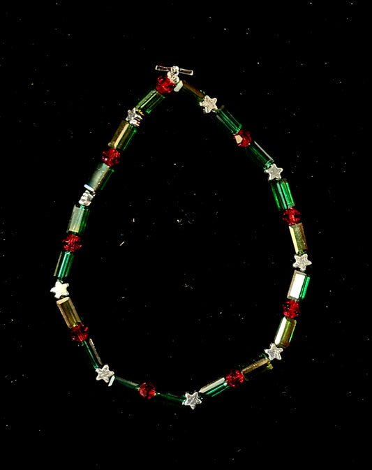 Minimalist Green Tube & Silver Star Holiday Bracelet